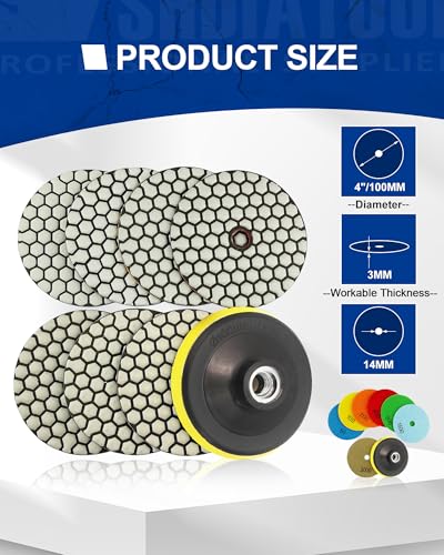 SHDIATOOL 4-Inch Dry Diamond Polishing Pads 7PCS Kit for Granite & Marble - style: Mixed Grits+P Backer
