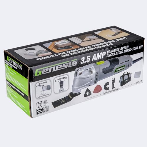 Genesis Oscillating Tool 3.5 Amp Oscillating Multi Tool with 3.7° Oscillation Angle, 6 Variable-Speeds with 16-Piece Accessory Set, Storage Box, Carrying Bag, and 2 Year Warranty (GMT35T) - size: 3.5 Amp Tool-less Blade Change