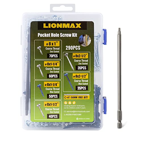 LIONMAX Pocket Hole Screws Assortment Kit 290PCS, Coarse Thread in 4 Sizes - size: Coarse Thread (290pcs)