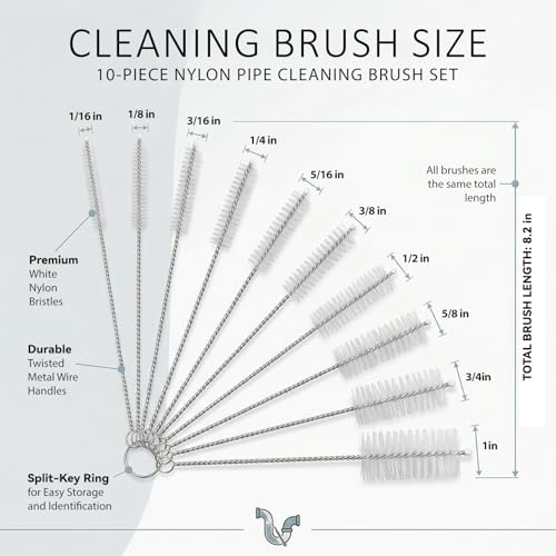 8-Inch Nylon Straw Cleaning Brushes, 10-Pack, Flexible Stainless-Steel Wire Tube Brushes, Non-Scratch and Rust-Resistant, for Reusable Straws, Bottles and Narrow Tubes