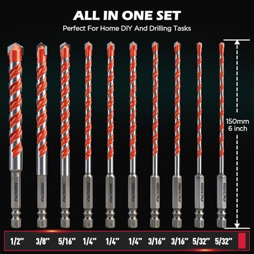 10-Piece Masonry Drill Bit Set, 6-Inch Carbide Tipped Concrete Drill Bits with Hex Shank for Brick, Cement, Tile, Wood and Light Metal, Fast Drilling and Chip Removal