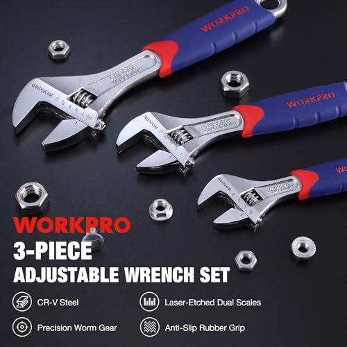 WORKPRO 3-piece Adjustable Wrench Set CR-V with Rubberized Anti-Slip Grips 10-inch, 8-inch, 6-inch