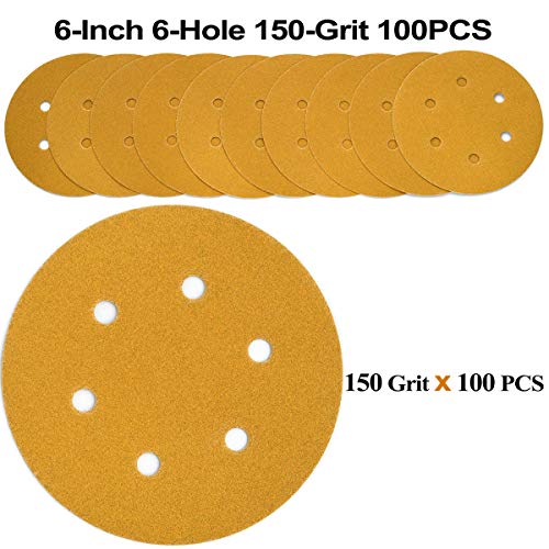 6-Inch 6-Hole Hook and Loop Gold Sanding Discs 150-Grit, 100-Pack - style: 150 Grit