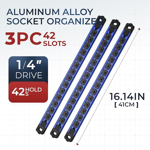 Reniteco Magnetic Socket Organizer Set, 3-Pack 1/4” Socket Rails - color: Blue, size: 1/4-Inch Drive,3pc