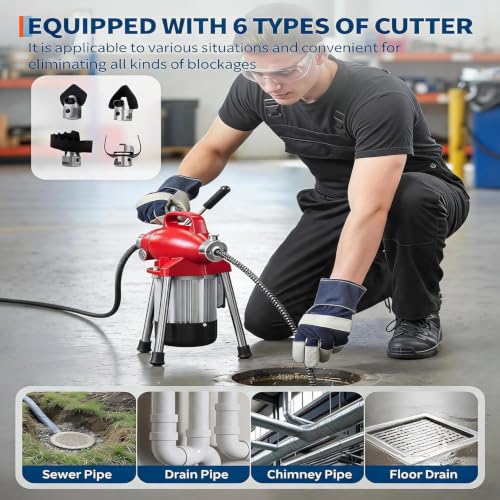 500W 400 RPM Auto Feed Electric Drain Cleaner Machine (66FT x 5/8" + 16FT x 3/8", Red) - color: Red
