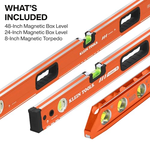Klein Tools 80203 Level Set, 3-Piece, 8, 24, and 48-Inch Magnetic Torpedo and Box Level Bundle, Aluminum Body, High Visibility Vials, V-Groove and Magnet Track - size: 3-Piece Level Set