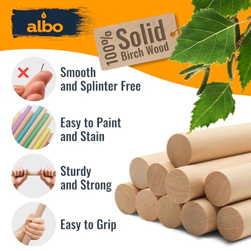 ALBO 1/2" x 48" Wooden Dowel Rods Set - 25 Pack Birch Natural Long Thin Craft Sticks Joinery Curtain Holders Toys Hardwood Smooth Finish Universal Material DIY Decor Bulk Professional - size: 1/2" x 48" 25 Pcs