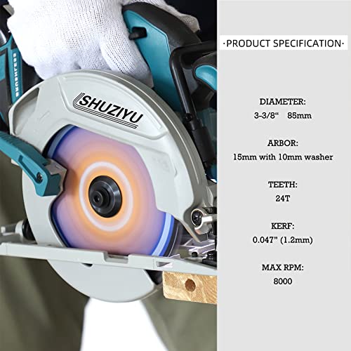 Super Thin Kerf 3-3/8"(85mm)-24T, Wood Working Mini Circular Saw Blade | Anti-Stick Coating, Arbor 15mm with 3/8“(10mm) Wahser, For Laminate, Veneer Board, Plywood, Hard wood, MDF and HDF Cutting - size: 3-3/8"(85mm) 24T Wood