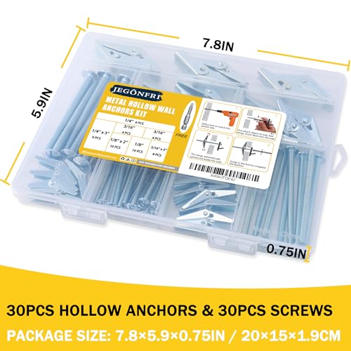 Toggle Bolts for Drywall 30 Sets, 3 Sizes Hollow Wall Anchors Kit with Bit