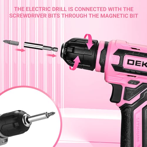 Cordless Drill：DEKOPRO 12V Power Drill Set with Pink 800RPM Electric Drills with Tool Set Gift Box, Pink Drill Set for Women - color: Pink