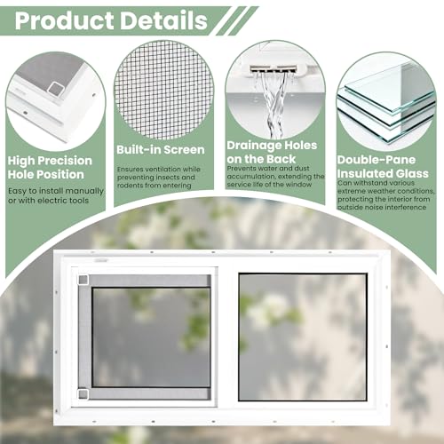 Vinyl Basement Window, Bathroom Sliding Window 24" x 12" White | Double Pane Insulated Tempered Glass and Fiberglass Screen for Basement, Bathroom, Shed - size: 24x12 IN