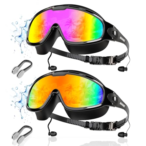 Aegend New Adult Wide View Swim Goggles, Anti-Fog/UV No Leak Swimming Goggles with Ear Plugs for Men & Women - color: Bright Orange & Bright Rose