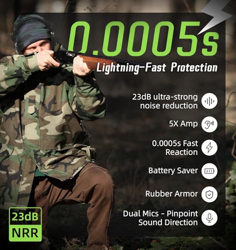 PROHEAR 2 Pack Digital Electronic Shooting Ear Protection 5X Sound Amplification Earmuffs, 23dB NRR Low Profile Noise Reduction Hearing Protection for Gun Range and Hunting, Green&Black - color: 5x Amp