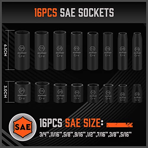 HORUSDY 50-Piece 3/8" Drive Impact Socket Set, Standard SAE (5/16 to 3/4 inch) and Metric (8-22mm) Size, 6 Point, Cr-V, 3/8-Inch Drive Ratchet Wrench, Drive Extension Bar, Impact Universal Joint - color: 50 Pcs Orange