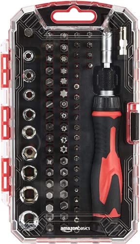 Amazon Basics Magnetic Ratcheting Wrench and Electronics Precision Screwdriver Tool Set, 73-Piece, with Carry Case for Household Repair, Small Jobs, Eyeglasses, Black/Red/Silver - style: 73-Piece