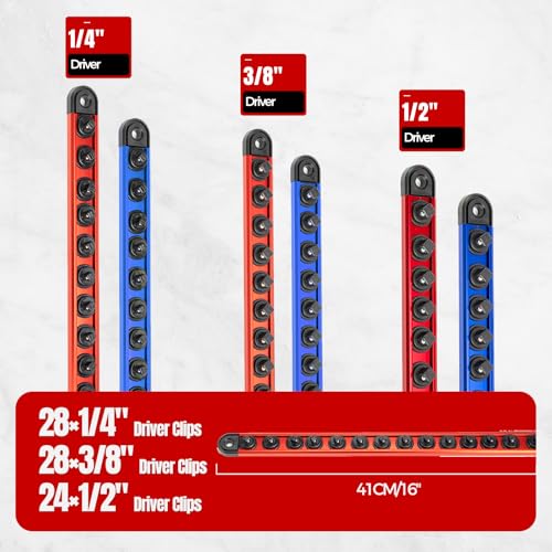 6PC Magnetic Socket Organizer Set, 1/2" 3/8" 1/4" Drive - color: Red & Blue, size: 6 Pieces-1/4", 3/8", 1/2" DR