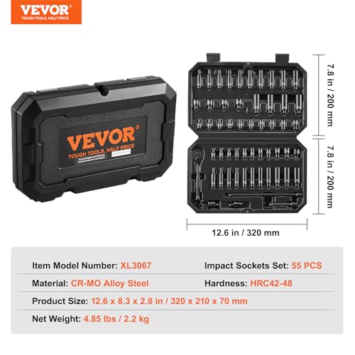 VEVOR Impact Socket Set 1/4" Drive, 55-Piece Deep & Shallow Socket Set Standard SAE (5/32 to 9/16 inch) & Metric (4 to 15 mm) Size, 6 Point, CR-V, Extension Bar, Universal Joint, Reducer - size: 1/4" 55PCS