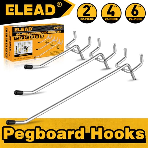 ELEAD 66-Piece 2/4/6 Inch Pegboard Hooks, Heavy Duty Peg Board Organizer Accessories, Peg Board Tool Hangers Fit for 1/4" and 1/8" Pegboard Hanging Tools Garage, Workshop, and Craft Storage - style: 66-Piece 2&4&6 Inch