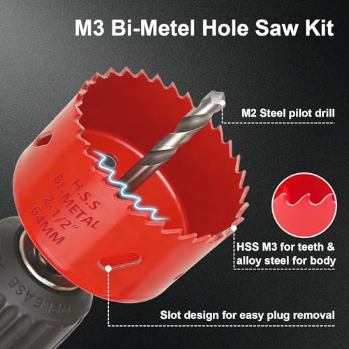 Greywolf 15 pcs Bi-Metal Hole Saw Set, M3 HSS Hole Saw Kit with 3/4"-2-1/2" (19-64mm) 9 pcs Hole Saw Blades, Boxed, with Arbor, Drill Bit, Hex Wrench, for Metal, Wood, Plastic - color: Red