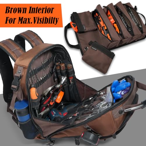 WELKINLAND 70Pockets HVAC Tool Backpack With Tool Roll, Tool Bag Backpack