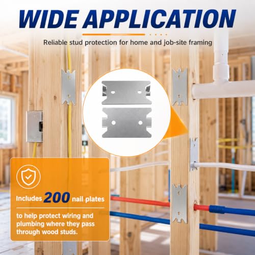 200 PCS Nail Plates for Wood Studs, 2.5 x 1.5 In Nail Guards for Wood Studs | Steel Stud Guard Plates with Sharp Prongs, Cable and Pipe Protectors for Electrical Wiring, Plumbing and HVAC Lines