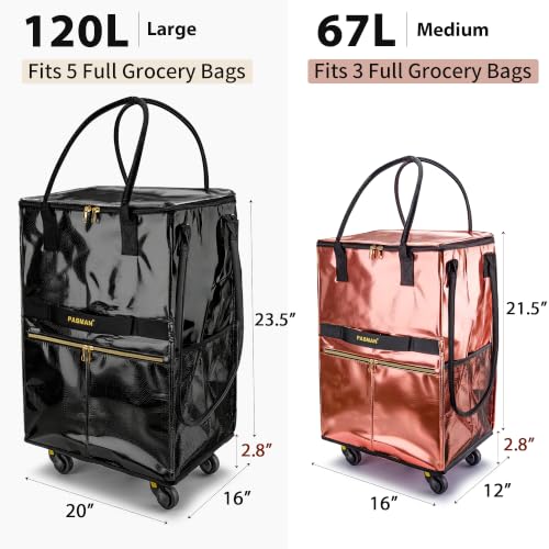PASMAN Reusable Foldable Rolling Grocery Bag on 5 Wheels,Medium,Black - color: Black, size: Medium