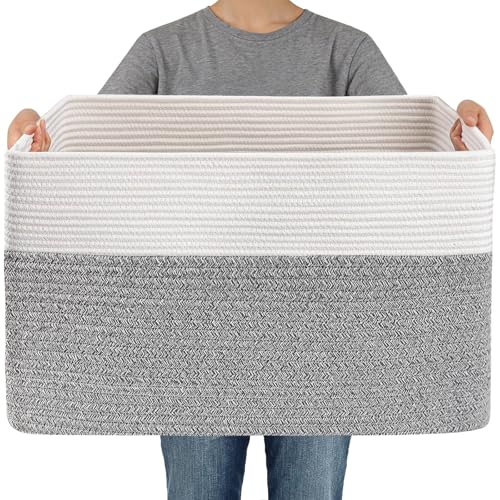 JMvicyroam 96L Large Woven Cotton Rope Blanket Basket, White&Grey - color: White&Grey, size: 96L