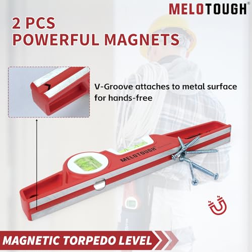 MELOTOUGH 10 Inch Die-Cast Magnetic Torpedo Level,Magnetic Level for Carpenter,Construction,Scaffolding, Plumbing,Torpedo Level with Rare Earth Magnet,Pencil and Holster,Red - color: Red-1pcs