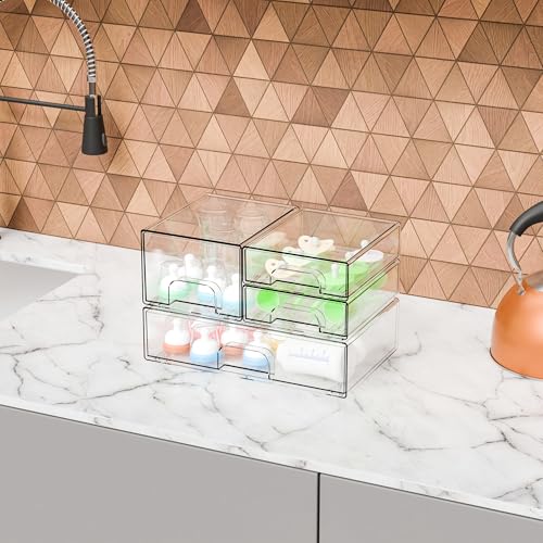 Yieach 4 Pack Clear Stackable Storage Drawers,Pull-Out Medicine Cabinet Organizer and Containers,Large Acrylic Organizers Drawers and Bathroom Closet Organizers for Hair Accessories,Makeup Organizer - style: 4 PACK