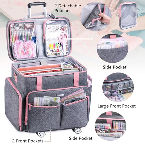 AMOIGEE Rolling Craft Bag with Wheels for Sewing Machine & Craft Supplies - color: Pink, size: With Wheels