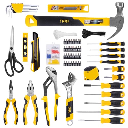 DELI 355-Piece Home Tool Set, Household Repairing Tool Kit with 14-Inch Wide Mouth Open Storage Tool Bag, Yellow