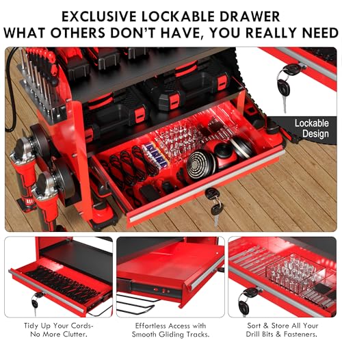 KSVO Power Tool Organizer Wall Mount, Locking Drawers, Charging Shelf, Red - color: Red