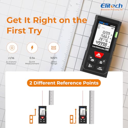 Elitech Laser Tape Measure, 165ft Laser Distance Meter with Bubble Level - style: Standard