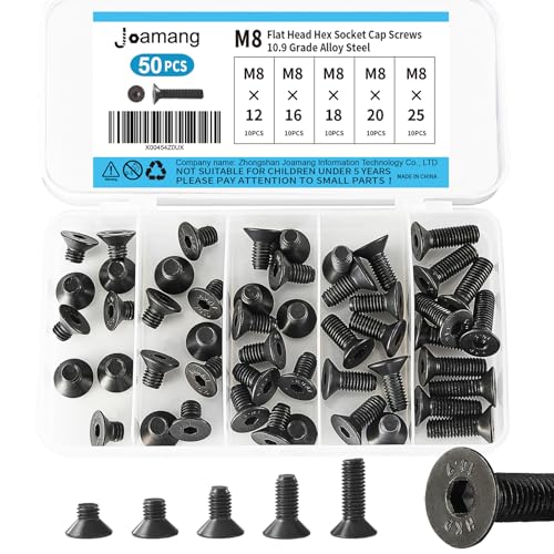 M8 x 12mm 16mm 18mm 20mm 25mm Flat Head Hex Socket Cap Screws Countersunk Bolts, 10.9 Grade Alloy Steel, Black Oxide Finish, Metric Allen Drive, Fully Threaded, Assortment Kit 50Pcs - size: M8 x 12/16/18/20/25 mm