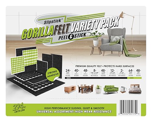 Slipstick Gorilla Felt Furniture Pads (294 Piece Variety Pack) Premium Furniture Pads & Chair Leg Floor Protectors for Hardwood Floors & Hard Surfaces - size: 294 Piece Variety Pack