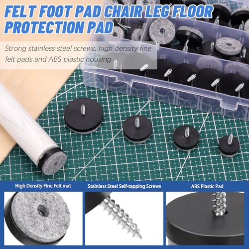 Glarks 56pcs Black 20MM 24MM 28MM 38MM Furniture Glide Screw-on Furniture Antiskid Felt Pad Slider Floor Protector for Wooden Leg Feet of Chair Table Sofa Stool