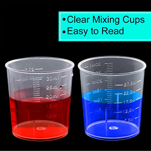100 Pack 30ml/1oz Transparent Measuring Cups Reusable Clear Plastic Graduated Epoxy Mixing Cups with 100 Pack Wooden Stirring Sticks for Liquids Resin, Epoxy, Stain, Mixing Paint, School Labs - size: 30ml