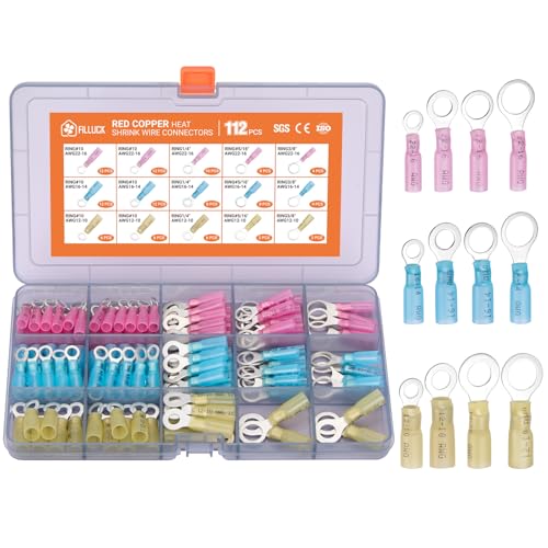 112Pcs Marine Grade Heat Shrink Ring Connectors Kit #10,1/4",5/16",3/8", Thickened Tinned Red Copper Wire Terminals, 3:1 Waterproof Insulated Crimp Connector Assortment for Boat Automotive RV