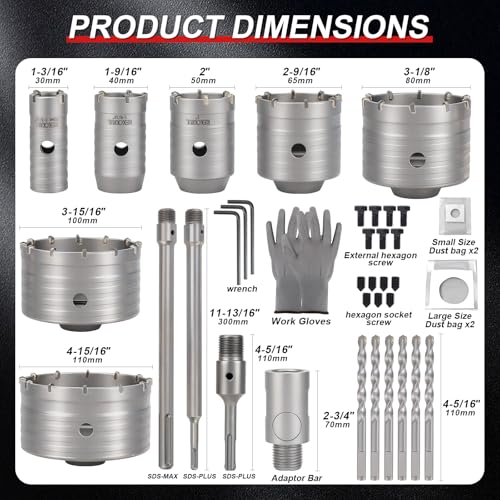 Professional 39PCS Concrete Hole Saw Kit with SDS Plus & Max Shank - size: (1-3/16" to 4-5/16")-39PCS