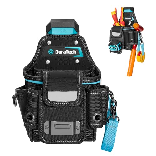 DuraTech Tool Pouch with Belt Clip, Electrician Tool Pouch with Tape Measure Holder & Hammer Loop, Quick Release Buckle, Expandable Support Frame, Ideal for Construction, Carpentry and Handyman Use - style: Small