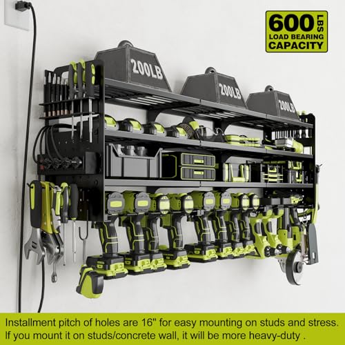Power Tool Organizer Wall Mount, 12-Drill 4-Tier Charging Station, Black - color: Black