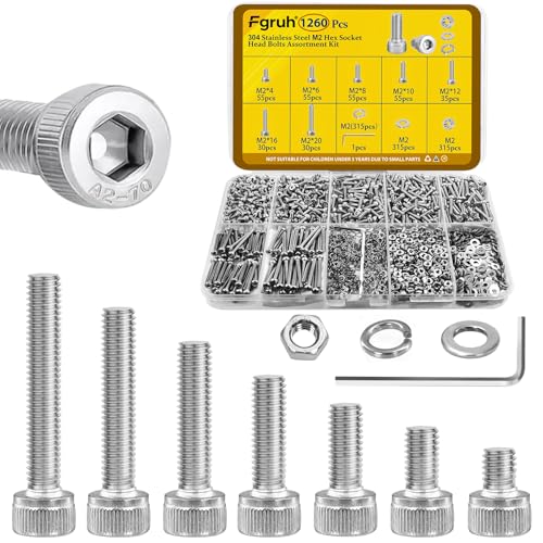 1260PCS M2 Socket Head Screws Assortment Kit, M2x4/6/8/10/12/16/20 mm - size: SS M2 1260pcs