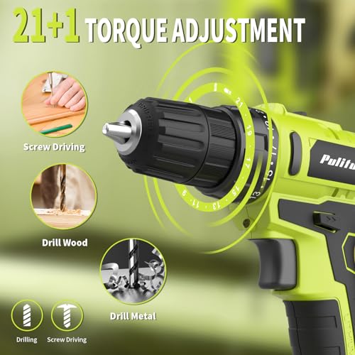 PULITUO'S 20V Cordless Drill/Driver, Electric Screwdriver - 2 Batteries, 30Nm, 21+1 Torque, 2 Speed, Keyless 3/8" Chase Drill with LED Light, Kit for Home (Green) - style: 20V Drill (green)- double