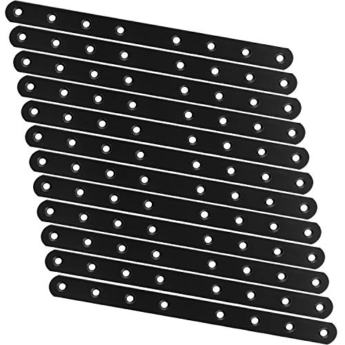 12 PCS 10 Inch Mending Plate Black Straight Braces for Wood Heavy Duty Corner Braces Straight Metal Brackets with Holes Flat Metal Bar Connector Mending Joining Bracket for Repair Fixing Fence Shelves