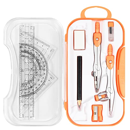 Unjoo Geometry Set 10 Pcs Student Supplies, Protractor and Compass (Orange） - color: Orange