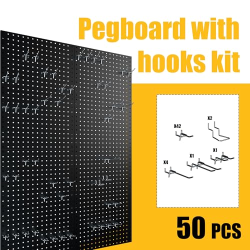 Spampur Peg Board, 8 Pack Metal Pegboard Panels with 50 Hooks - color: Black, size: 16x12"- 8 Pcs