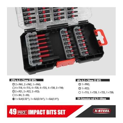 X-STEEL 49PCS Impact Bits Set - High-Speed Steel Drill Bits, S2 Steel Screwdriver Bits, Magnetic Holder, Extension Rod - Complete Set for Wood, Metal, and Multi-Purpose Drilling & Screw Driving - size: 49PCS