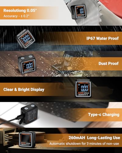 Ultra Small Digital Angle Finder Magnetic Level, Rechargeable Angle Cube, Table Saw Miter Gauge, 4 * 90 Degree Protractor Electronic Inclinometer, Wood Working Measuring Tool - color: Black