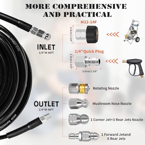 100FT Sewer Jetter Kit for Pressure Washer, 5800PSI Drain Cleaner Hose - color: Black -100FT hose