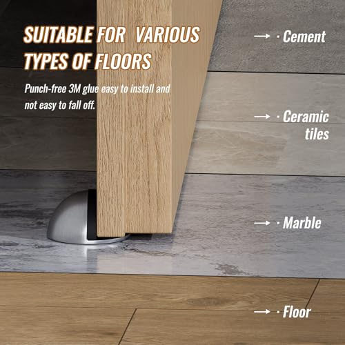 Stainless Steel Half Dome Floor Door Stop Self-Adhesive with Rubber Free Punching—Ground Door Stops for Bedroom Living Bath Shower Room Office Silver—Stainless Steel Floor Door Stopper（4PCS）